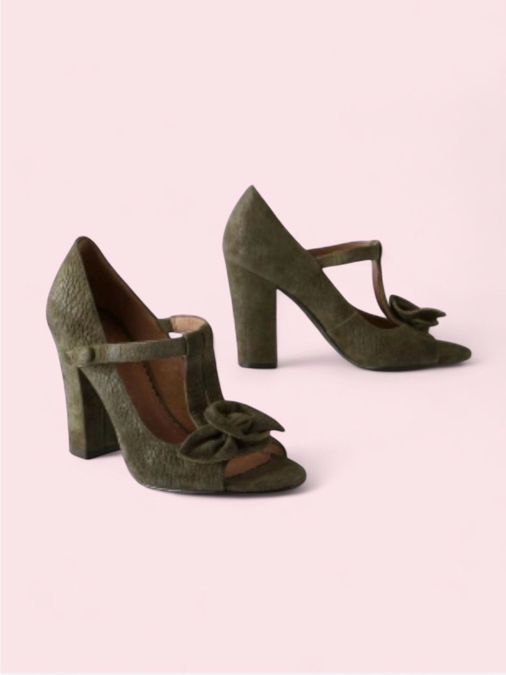 Anthropologie Olive Green Suede Mary Jane Heels with rose open toe